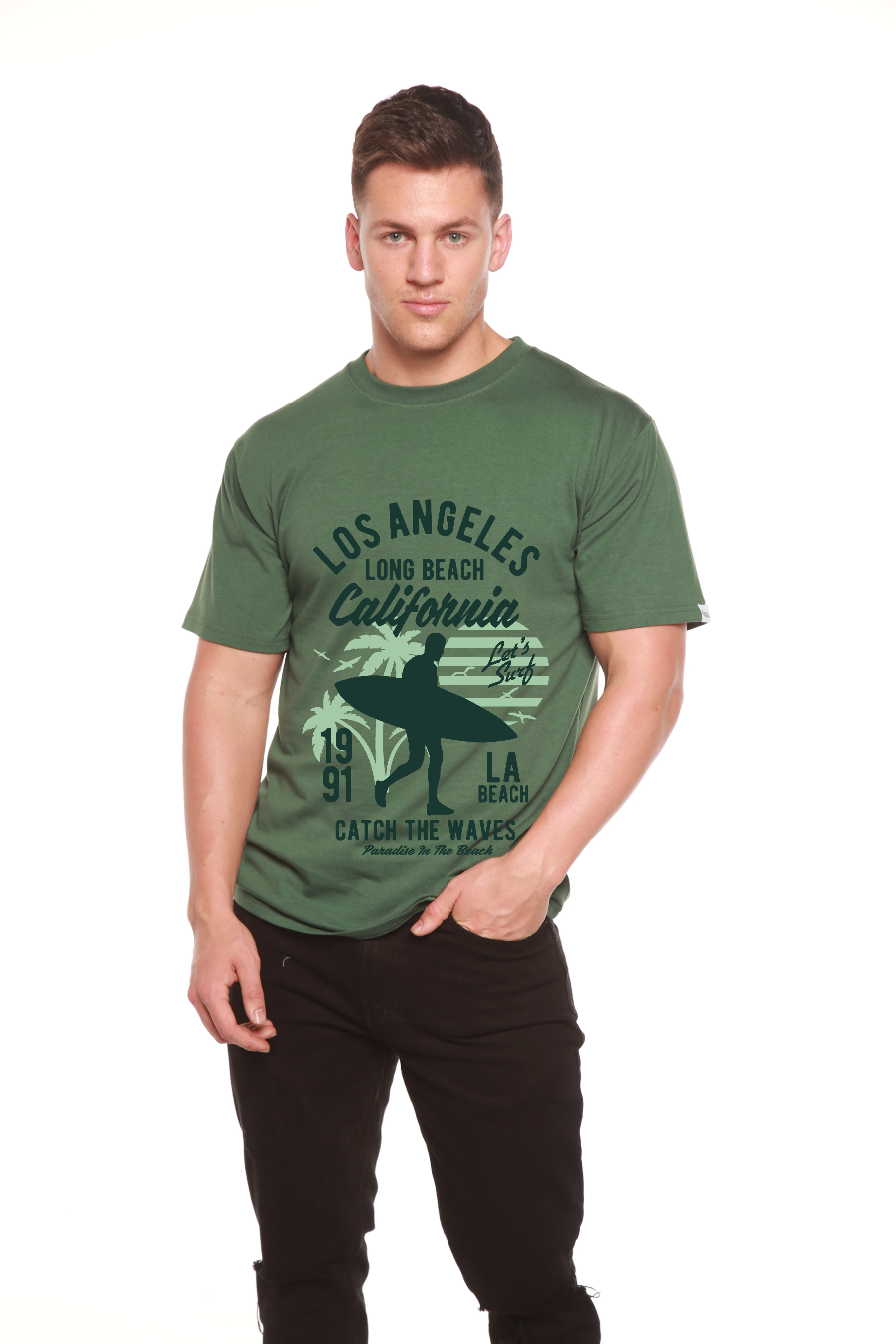 Los Angeles men's bamboo graphic short sleeve tee in green with surf motif by Spun Bamboo on Tampa Home & Garden Store