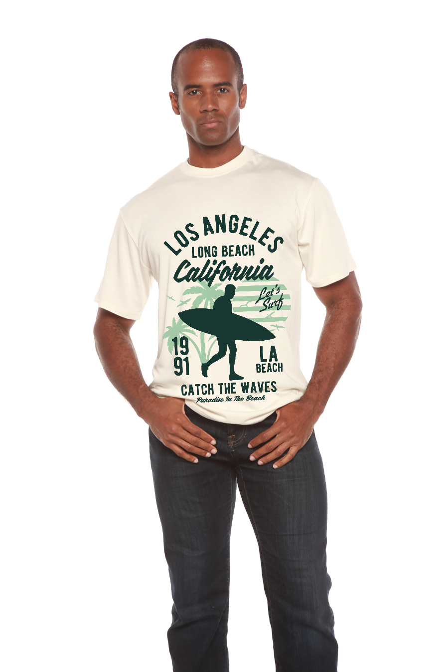 Los Angeles men's bamboo viscose organic cotton graphic T-shirt with green surfer print on Tampa Home & Garden Store