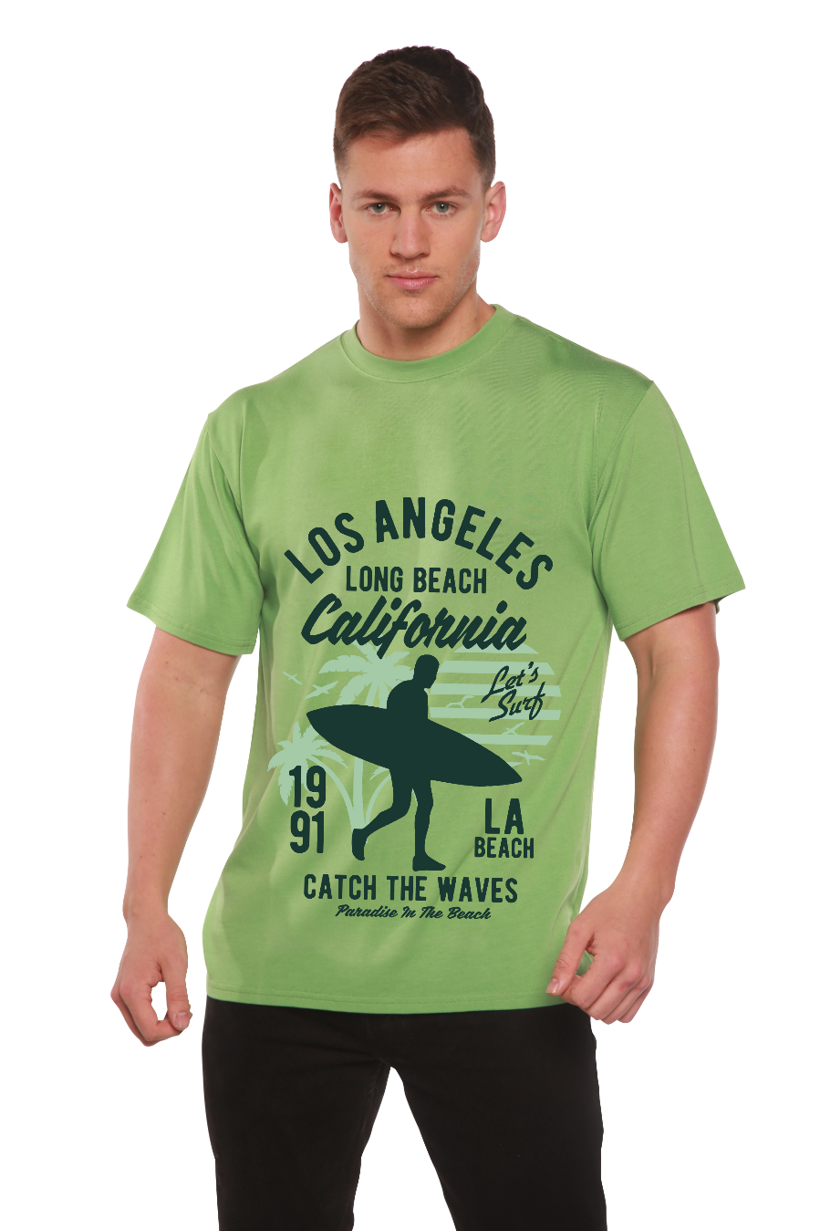 Green men's graphic T-shirt by Spun Bamboo with surfer and palm trees Los Angeles design on Tampa Home & Garden Store