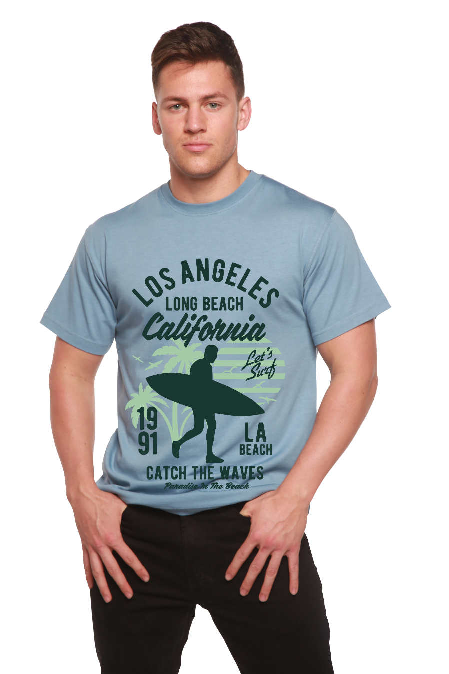 Los Angeles men's bamboo tee with surf silhouette, palm print, light blue Spun Bamboo on Tampa Home & Garden Store