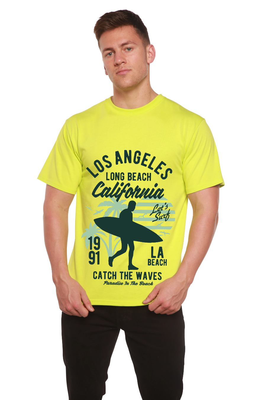 Mens graphic T-shirt neon yellow by Spun Bamboo with Los Angeles California surf print on Tampa Home & Garden Store