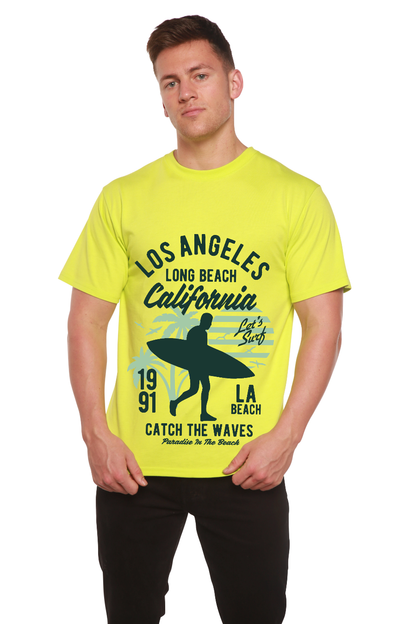 Mens graphic T-shirt neon yellow by Spun Bamboo with Los Angeles California surf print on Tampa Home & Garden Store