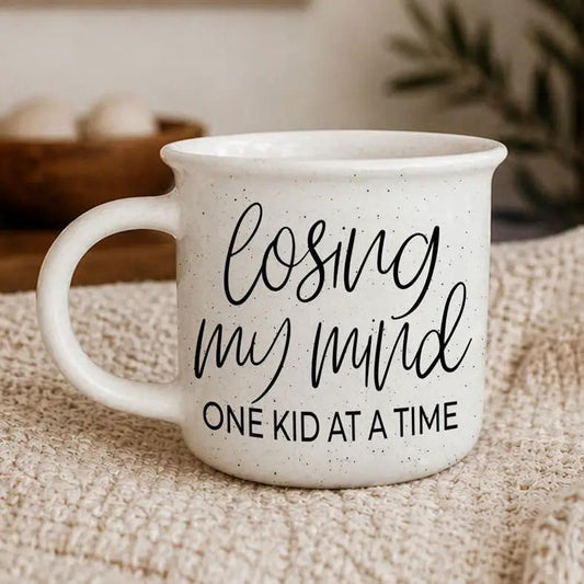 Losing Mind mug by Gia Roma white ceramic with black script losing my mind and ONE KID AT A TIME on Tampa Home & Garden Store