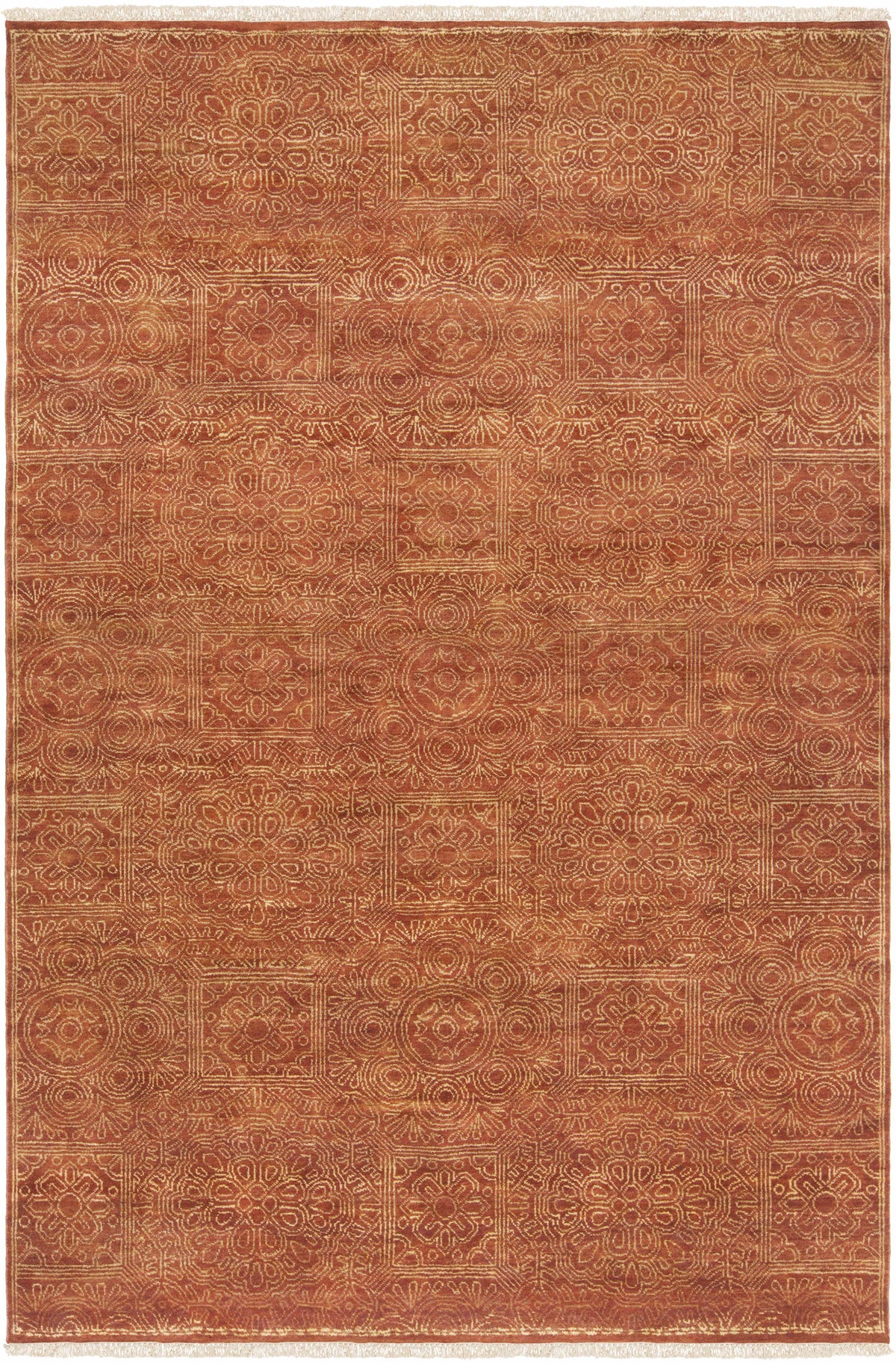 Lottsburg Premium Orange Wool Rug by Boutique Rugs with a geometric medallion pattern and fringe on Tampa Home & Garden Store