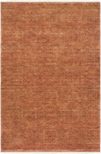 Lottsburg Premium Orange Wool Rug by Boutique Rugs with a geometric medallion pattern and fringe on Tampa Home & Garden Store