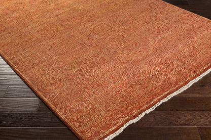 Lottsburg Premium Orange Wool Rug by Boutique Rugs with floral medallion pattern and fringe on Tampa Home & Garden Store