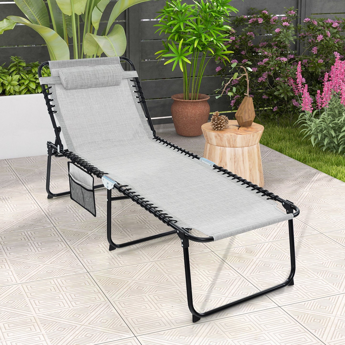 Tumbona Plegable de 4 Posiciones con Respaldo y Reposapiés Ajustables - Gris