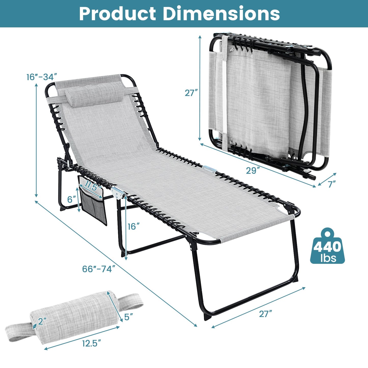 Tumbona Plegable de 4 Posiciones con Respaldo y Reposapiés Ajustables - Gris