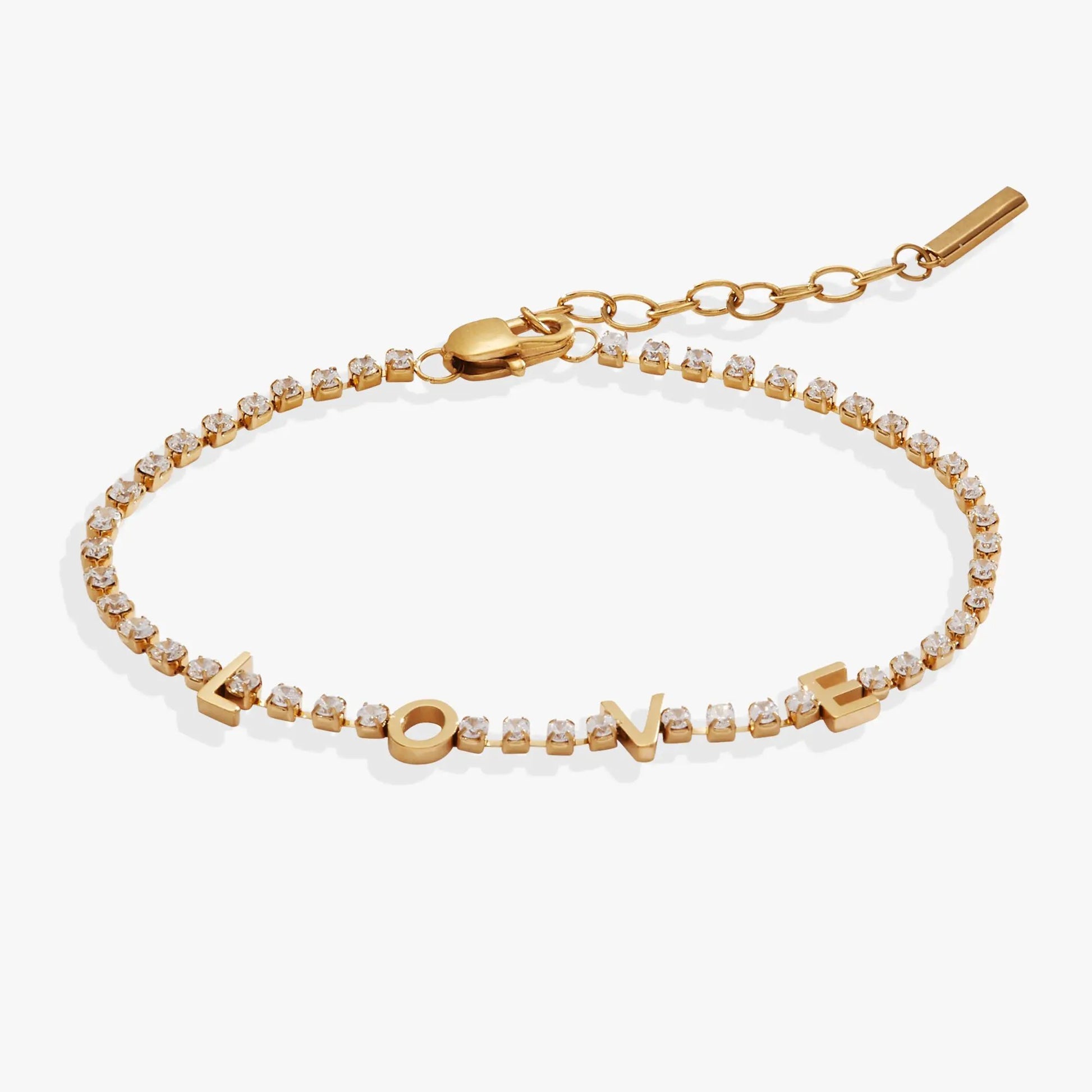Love Crystal Tennis Bracelet by ALEX AND ANI, chain with crystals and LOVE lettering on Tampa Home & Garden Store