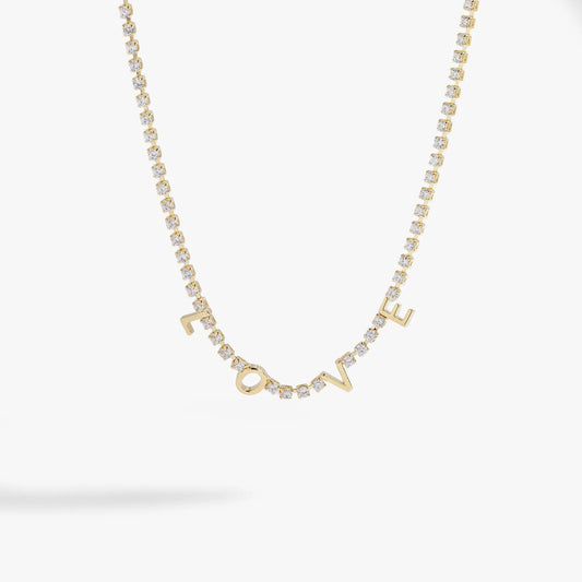 Love Crystal Tennis Necklace by Alex and Ani, gold-tone with clear stones and LOVE charm on Tampa Home & Garden Store