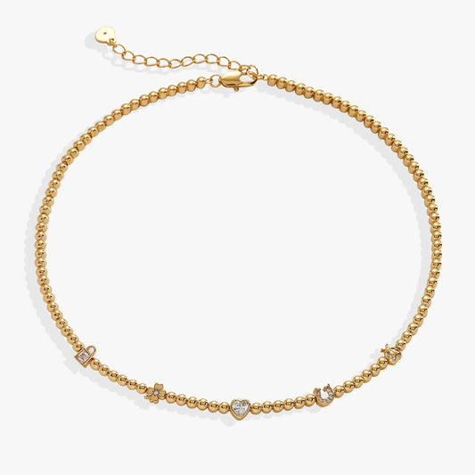 Love and Luck Tennis Necklace, gold-tone beaded chain with crystal heart charm on Tampa Home & Garden Store