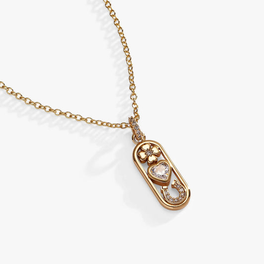 Love and Luck pendant necklace, gold-tone chain with crystal-studded quatrefoil pendant on Tampa Home & Garden Store