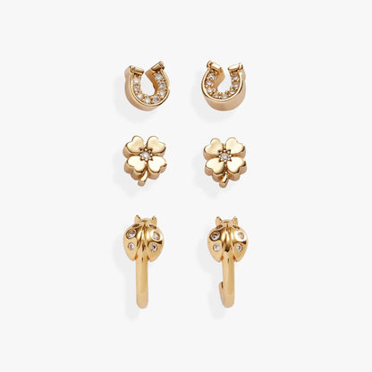 Love and Luck Stud & Hoop Earrings Set of 3 gold-tone hoops with pavé crystals floral studs crystal-dotted drops on Tampa Home & Garden Store