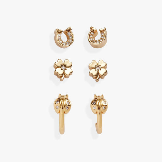 Love and Luck Stud & Hoop Earrings Set of 3 gold-tone hoops with pavé crystals floral studs crystal-dotted drops on Tampa Home & Garden Store