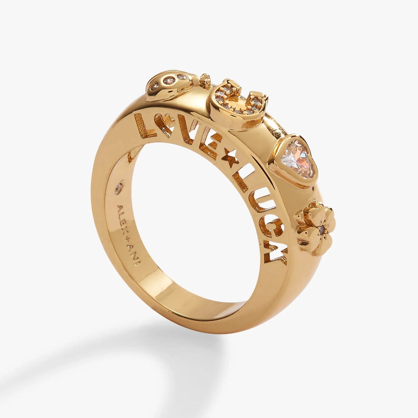 Love and Luck Open Domed Ring by ALEX AND ANI, gold-tone ring with crystal accents and openwork band on Tampa Home & Garden Store