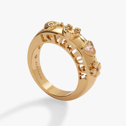 Love and Luck Open Domed Ring by ALEX AND ANI, gold-tone ring with crystal accents and openwork band on Tampa Home & Garden Store