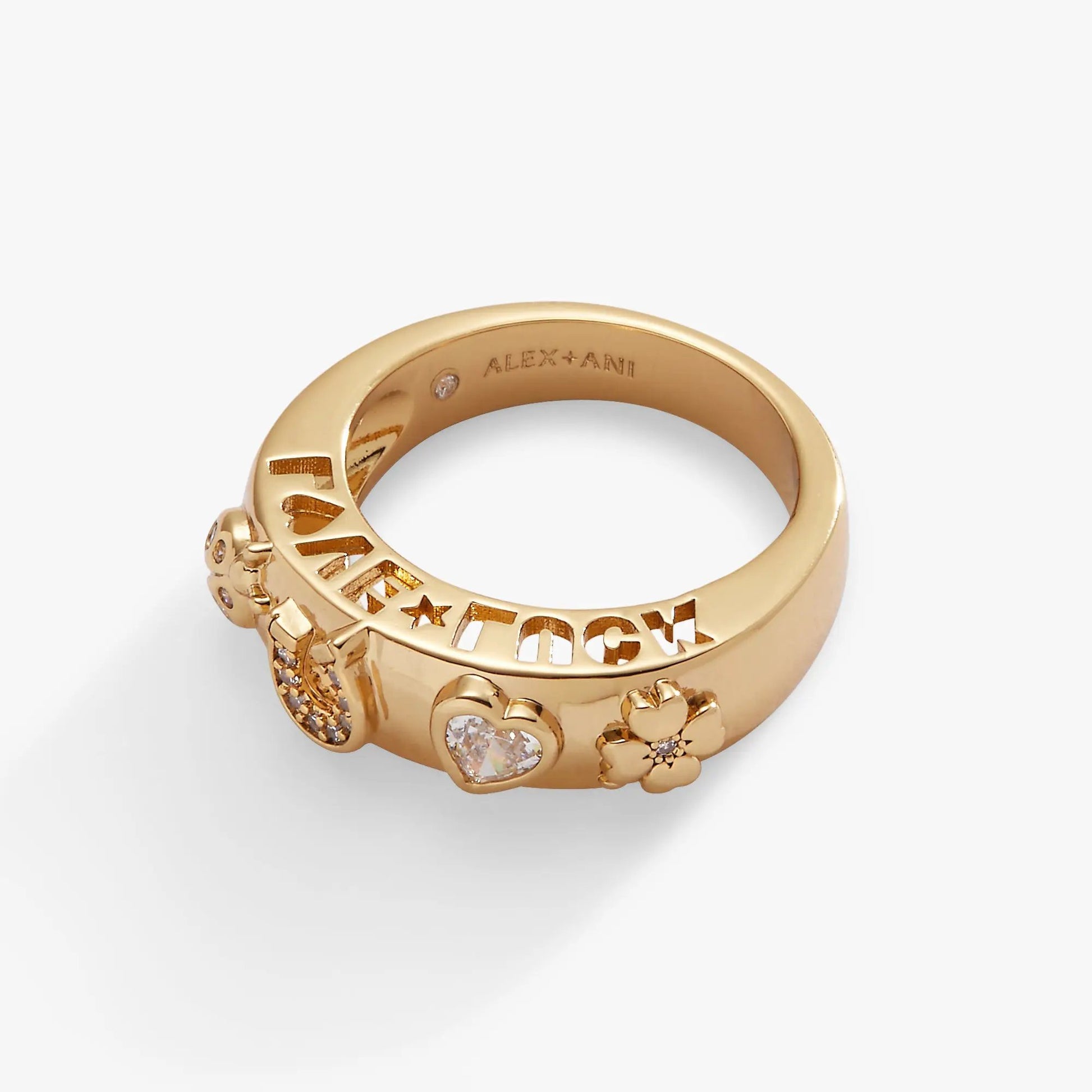 Love and Luck open domed ring in gold-tone with crystal accents by ALEX AND ANI on Tampa Home & Garden Store