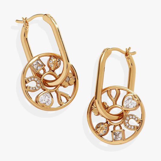 Love and Luck Wheel Hoop Earrings by ALEX AND ANI, gold-tone openwork hoops with crystals on Tampa Home & Garden Store