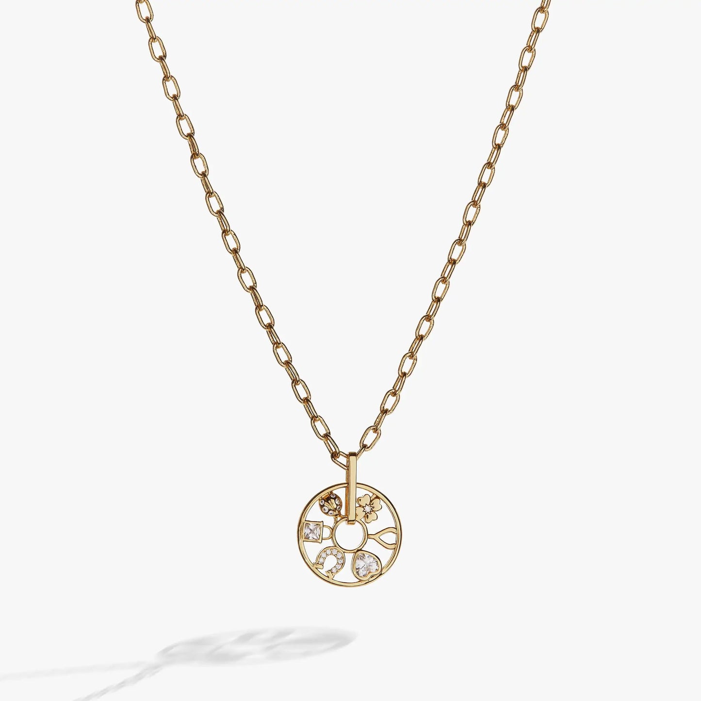 Love and Luck Wheel Charm Necklace by ALEX AND ANI, gold-tone chain with crystal wheel pendant on Tampa Home & Garden Store