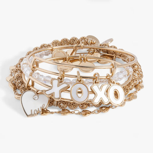 Love XOXO Bangle set of 5 by ALEX AND ANI, gold-tone stackable bracelets with crystals on Tampa Home & Garden Store