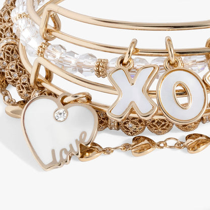 Love XOXO Bangle Set of 5 gold-tone bracelets with crystal accents and XO charms by ALEX AND ANI on Tampa Home & Garden Store