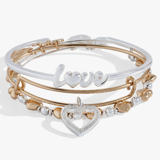 Love Bracelets Set of 3 by ALEX AND ANI, gold and silver-tone bangles with a crystal heart charm on Tampa Home & Garden Store
