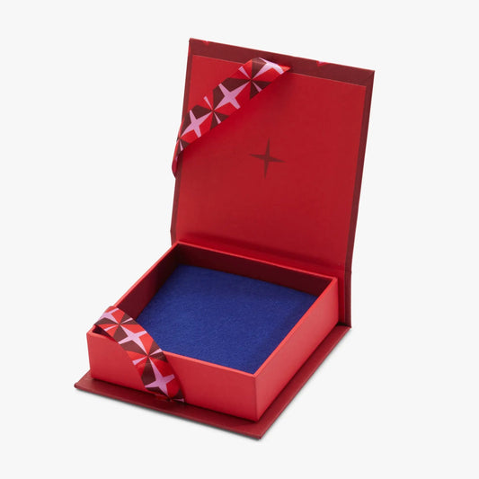Love Bow Gift Box red exterior with blue interior and decorative ribbon by Alex and Ani on Tampa Home & Garden Store