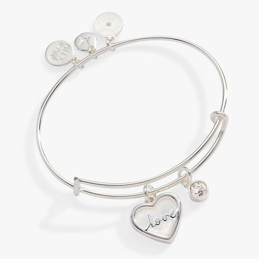 Love Mother of Pearl Bangle bracelet with three round charms and a heart pendant by ALEX AND ANI on Tampa Home & Garden Store