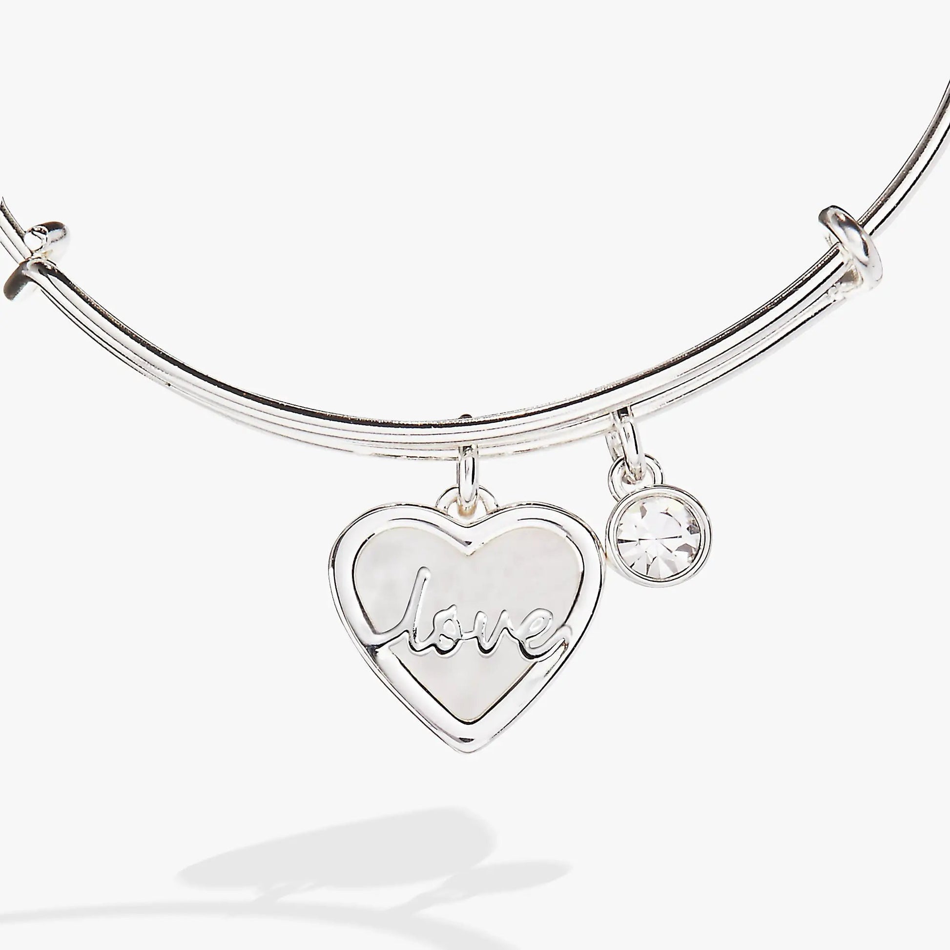 Love Mother of Pearl Bangle bracelet by ALEX AND ANI, silver-tone with heart charm inscribed Love and crystal accent on Tampa Home & Garden Store