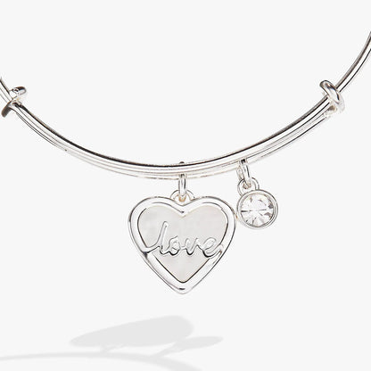 Love Mother of Pearl Bangle bracelet by ALEX AND ANI, silver-tone with heart charm inscribed Love and crystal accent on Tampa Home & Garden Store