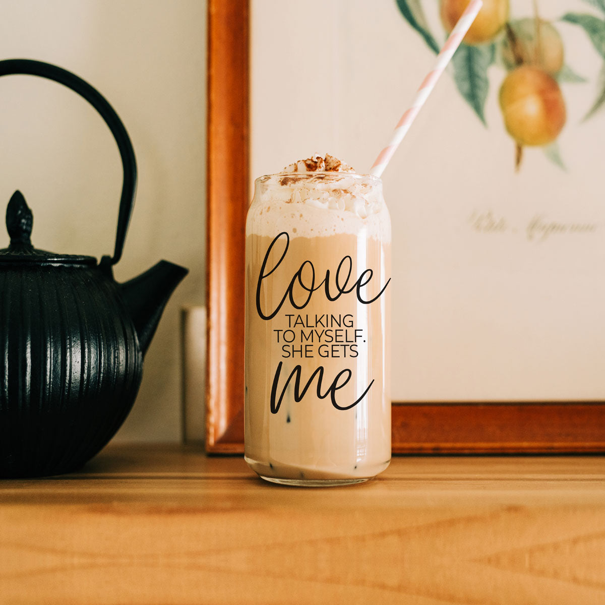 Love ME 20oz glass cup with beige drink and whipped cream Gia Roma drinkware on Tampa Home & Garden Store