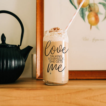 Love ME 20oz glass cup with beige drink and whipped cream Gia Roma drinkware on Tampa Home & Garden Store