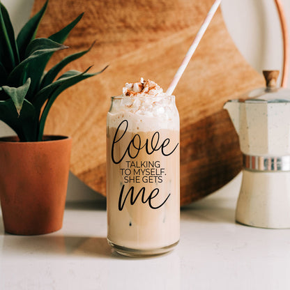 Love ME 20oz glass cup by Gia Roma drinkware with iced beverage topped with whipped cream on Tampa Home & Garden Store