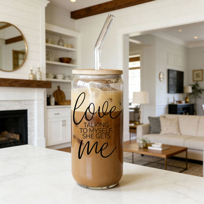 Love ME 20oz glass tumbler by Gia Roma with wooden lid and clear straw filled with iced coffee on Tampa Home & Garden Store