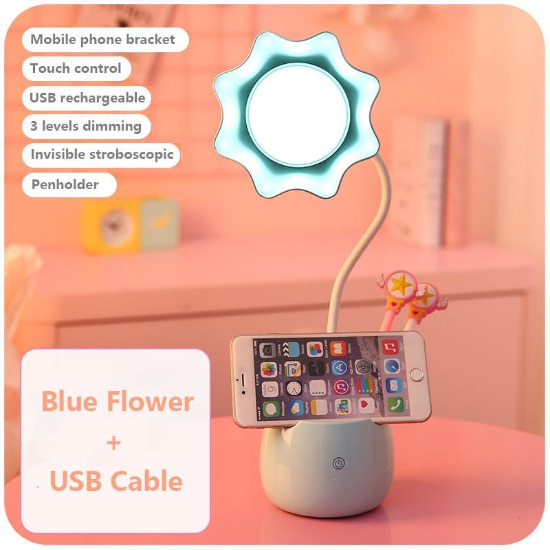 Stevvex Blue Flower Desk Lamp with phone holder, USB rechargeable, 3-level dimming on Tampa Home & Garden Store