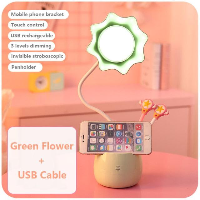 Stevvex green flower desk lamp with gooseneck, USB charging and phone holder on base on Tampa Home & Garden Store