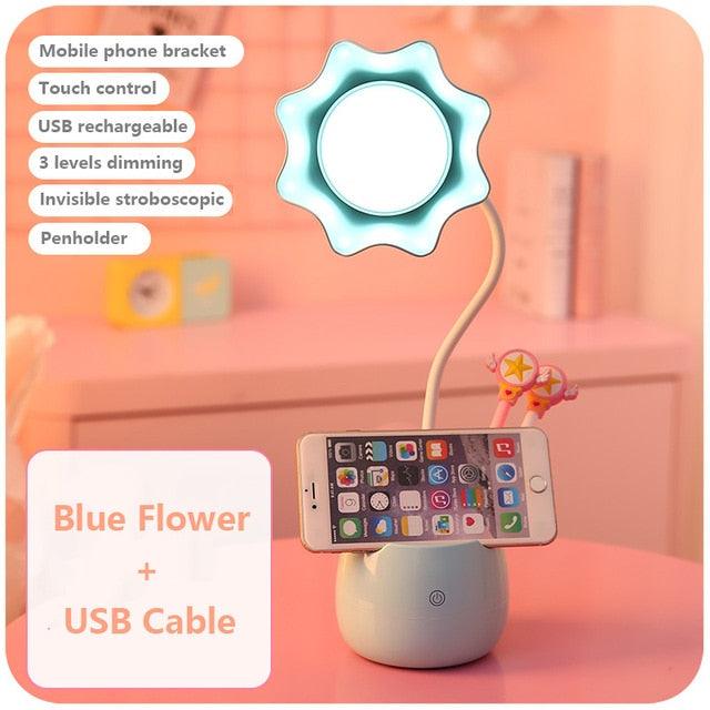 Blue flower desk lamp by Stevvex with USB cable, 3-level dimming and phone bracket on Tampa Home & Garden Store