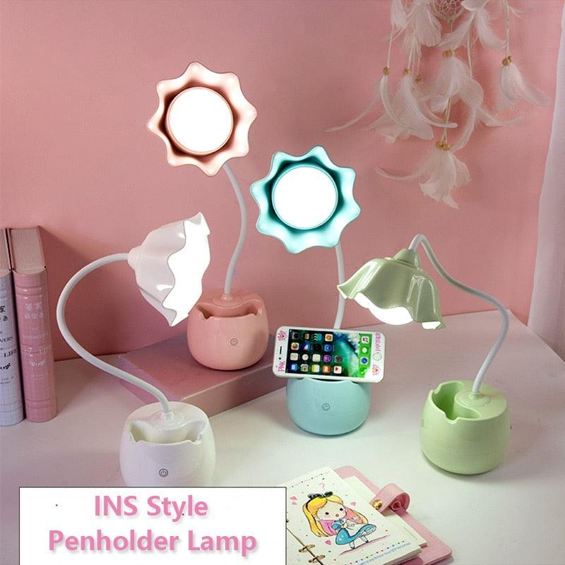Stevvex flower LED desk lamp set with four pen-holder bases in pink, white, blue, green on Tampa Home & Garden Store