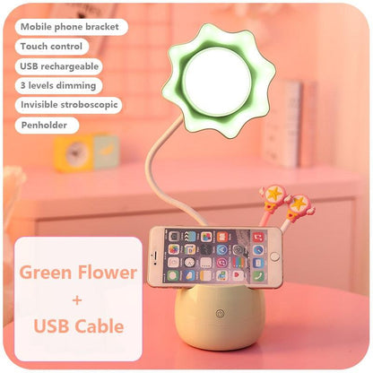 Stevvex Green Flower desk lamp with phone stand, USB rechargeable, 3-level dimming on Tampa Home & Garden Store