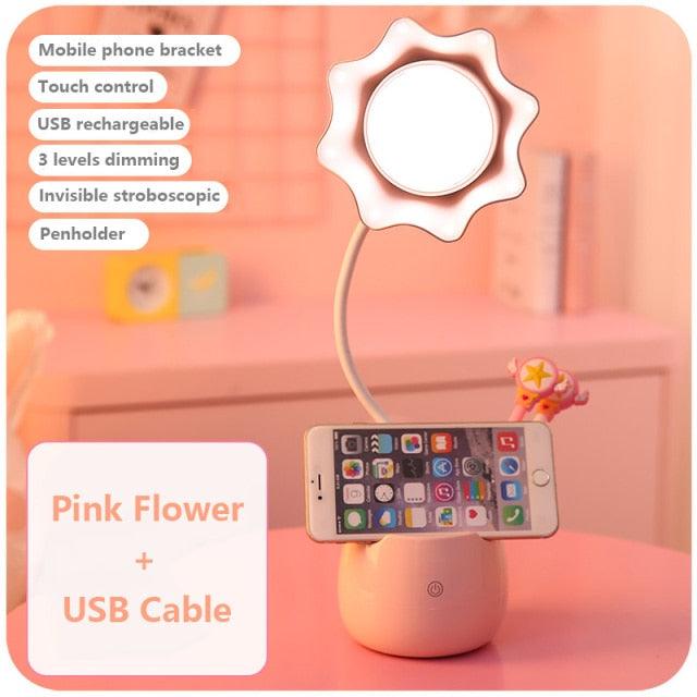 Stevvex pink flower desk lamp with phone bracket, USB charging, and 3-level dimming on Tampa Home & Garden Store