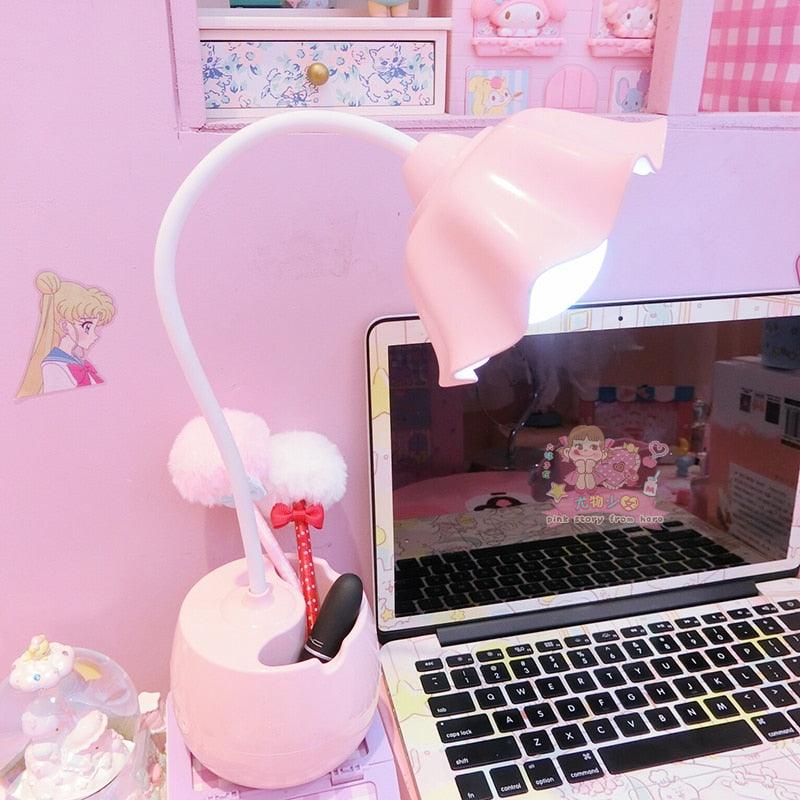 Lovely 3-Level Dimmer Reading Desk Lamp by Stevvex with pen-case base, pink ruffled shade on Tampa Home & Garden Store