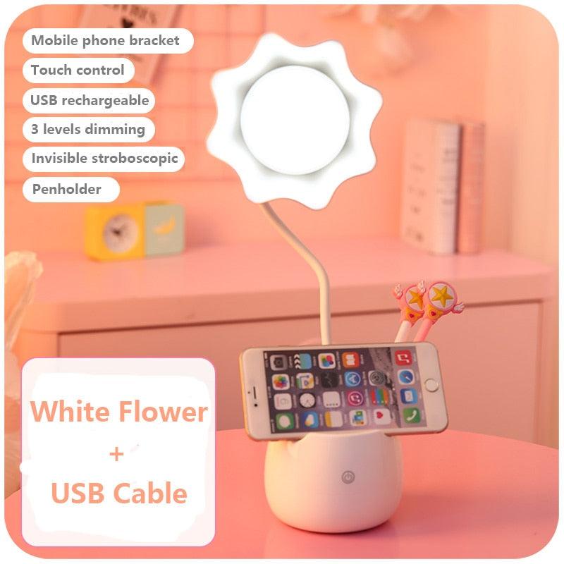 White Flower desk lamp with phone holder and USB charging, 3-level dimming, Stevvex on Tampa Home & Garden Store