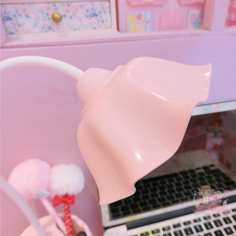 Pink flower-petal LED desk lamp on a laptop desk setup for bedroom study on Tampa Home & Garden Store