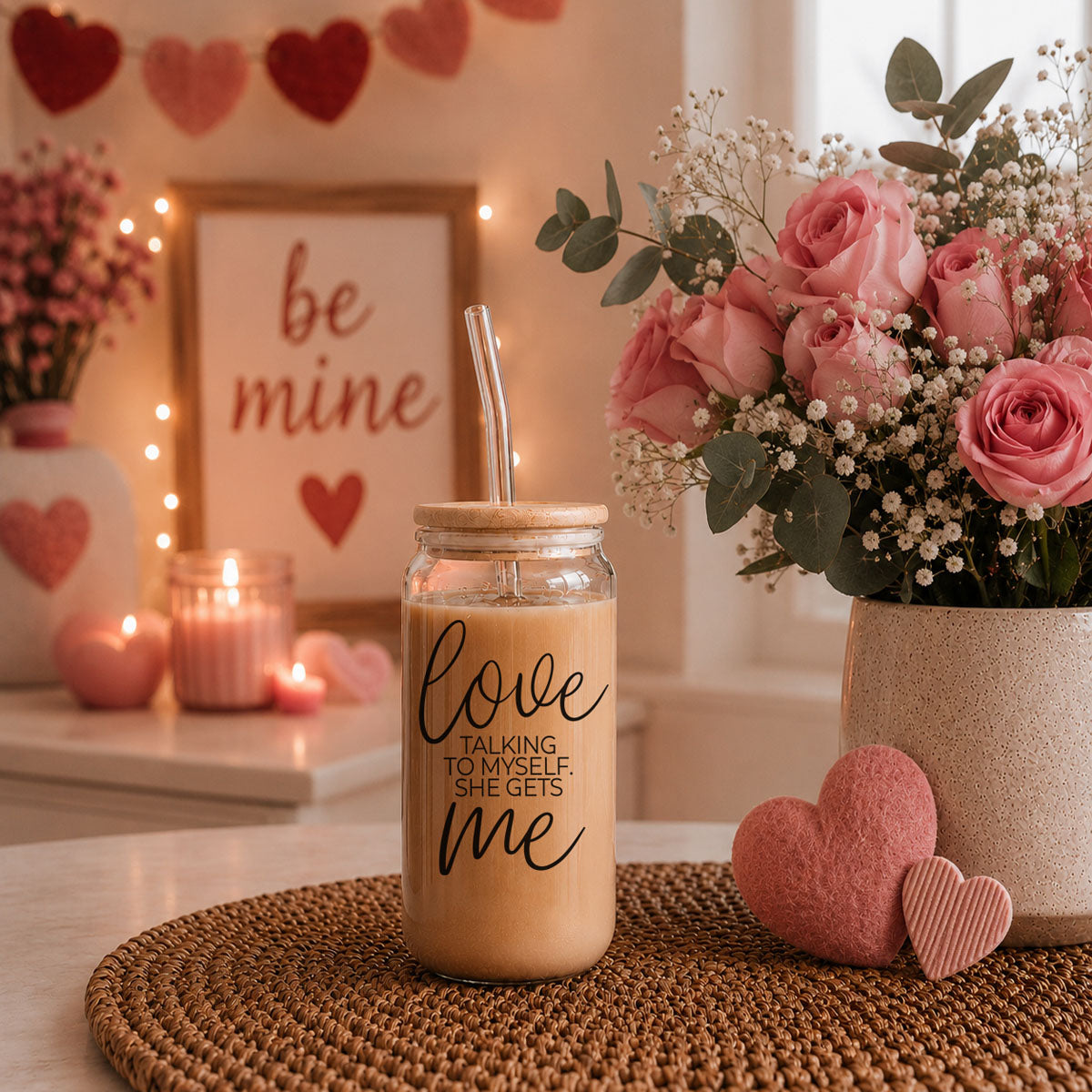 Love ME 20oz glass cup with wooden lid and clear straw, iced coffee, roses in background on Tampa Home & Garden Store