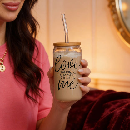 Love ME 20oz glass cup by Gia Roma with bamboo lid and clear straw, beige iced drink on Tampa Home & Garden Store
