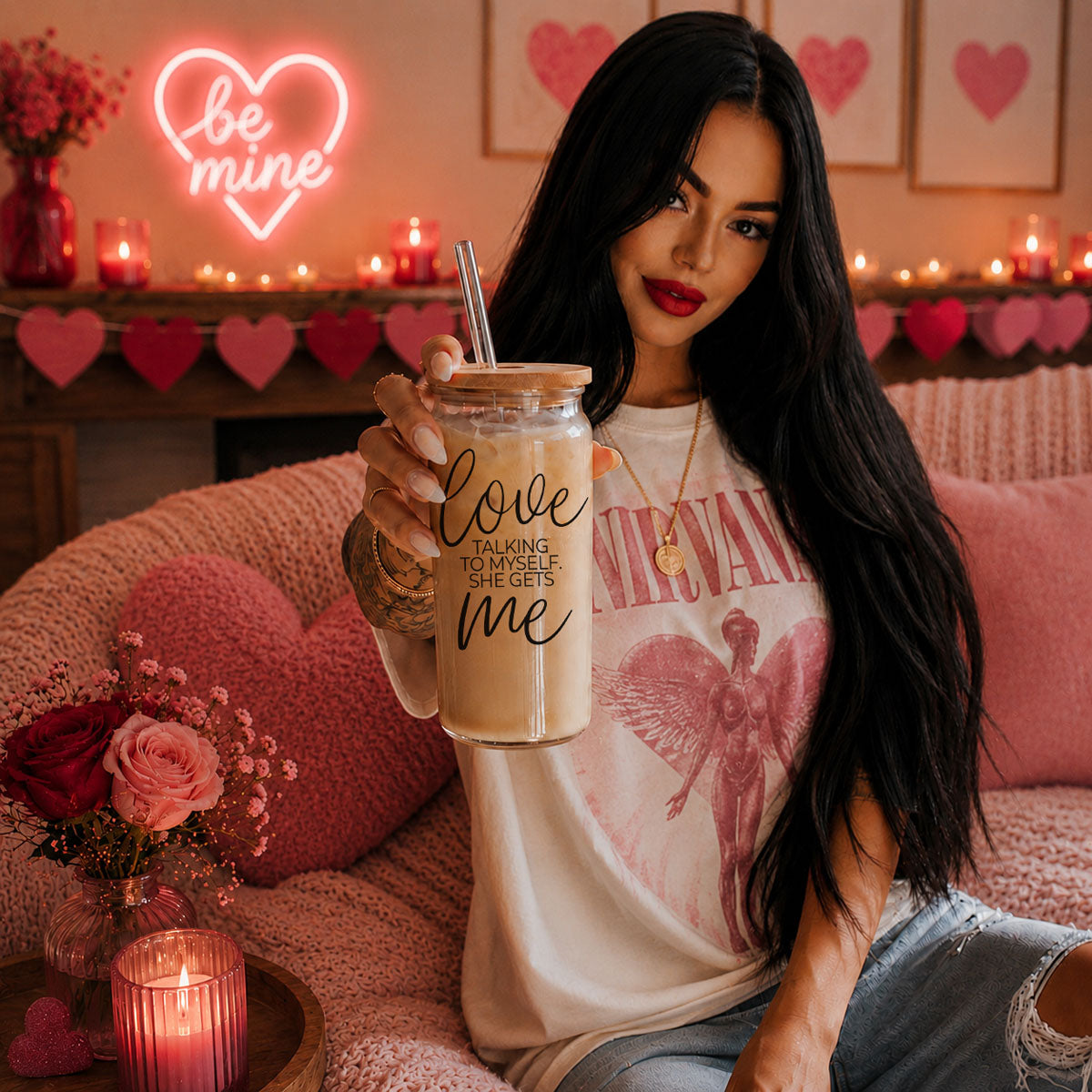 Love ME 20oz glass cup with wooden lid and straw by Gia Roma drinkware, iced coffee on Tampa Home & Garden Store