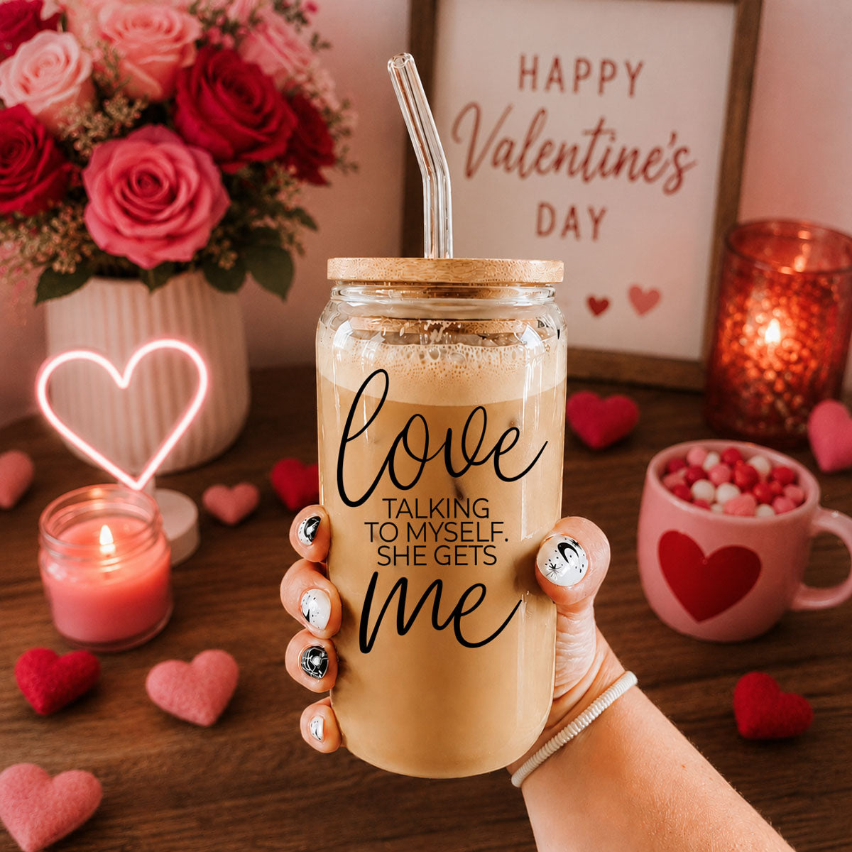 Love ME 20oz glass jar tumbler with cork lid and clear straw by Gia Roma drinkware on Tampa Home & Garden Store