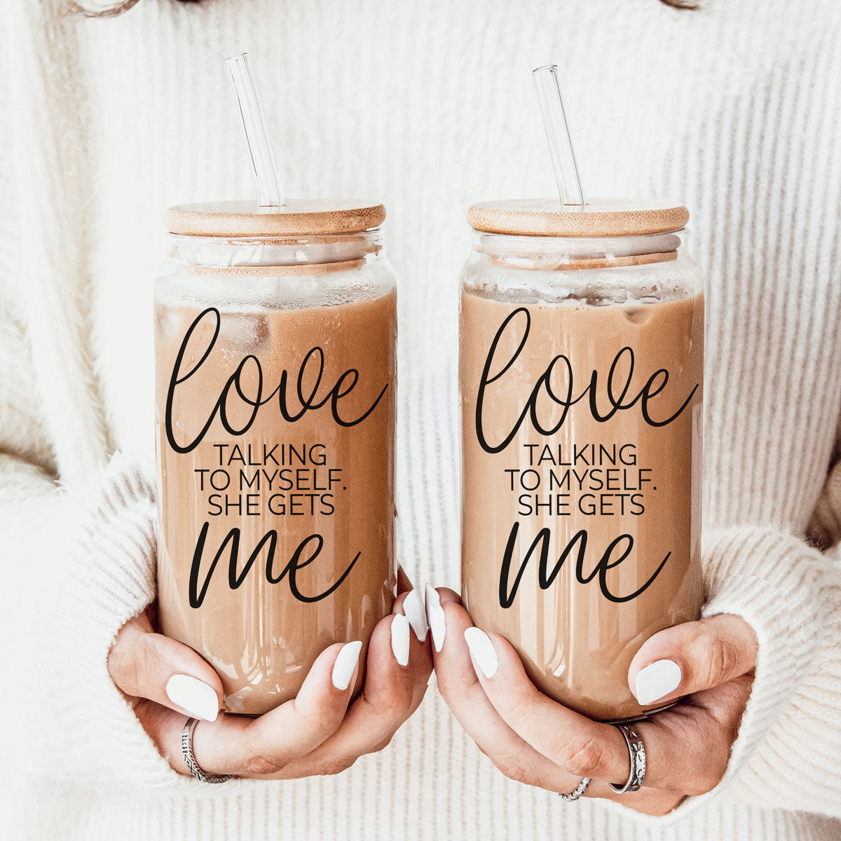 Love ME 20oz glass cups by Gia Roma, two with wooden lids and clear straws, iced coffee on Tampa Home & Garden Store