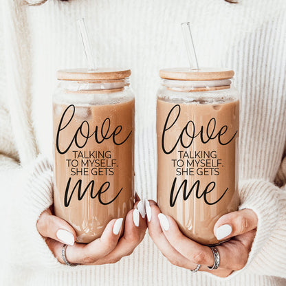 Love ME 20oz glass cups by Gia Roma, two with wooden lids and clear straws, iced coffee on Tampa Home & Garden Store