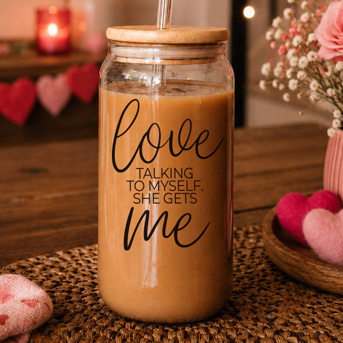 Love ME 20oz glass cup by Gia Roma with wooden lid and straw on Tampa Home & Garden Store